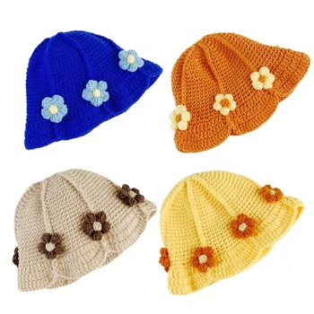 Мека вязаная шапчица, Уютна шапка Рибар с цветя модел, Удобен вязаная шапчица, Скъпа детска топло ветрозащитная капачка за момичета над 3 години