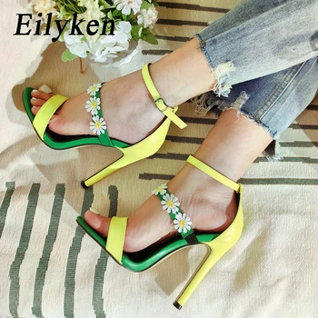 Eilyken/ Модни Дизайнерски дамски Сандали с Подсолнухом, Многоцветни, с тясна лента и каишка с катарама, Летни Вечерни Zapatos Mujer на тънките Токчета