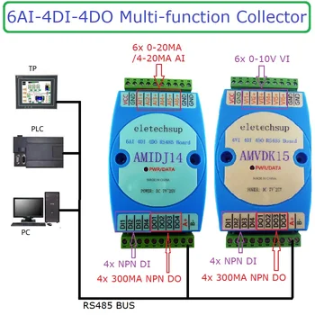 3В1 6AI-4DI-4DO 4-20 мА 0-5 0-10 В DI-DO RS485 Модул за вход-изход за Измерване на температура и Влажност на въздуха PT100 K J Сензор термодвойка Детектор за движение