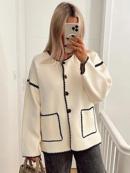Дамски ежедневни яке в стил мозайка с дълги ръкави, Елегантна бяла Однобортное палто с кръгло деколте 2023, Есенен дамски Свободна горна дреха