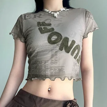 Дамски Двупластова Окото тениска с Нашивкой под формата на буквата 2023, Модна тениска с открита пъпна връв, Пикантни Тениска за Момичета