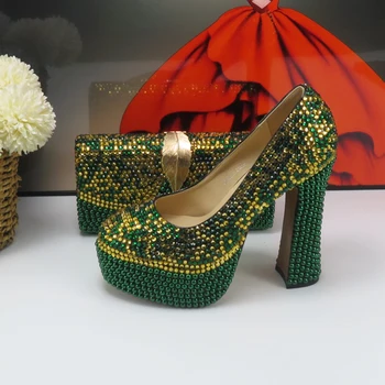 BaoYaFang/Сватбени обувки и дамска чанта със зелени перли за жени, модни сватбени обувки-лодка на висок ток, обувки за парти и чанта в платформата