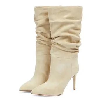 Нови дамски ботуши с остри пръсти, обувки на висок ток, плисе ръкави, мека кожа, ослепителен цвят, универсален дамски обувки