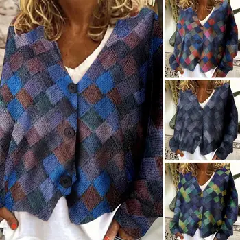 Дамско палто в клетката, палта в стил мозайка, Стилни дамски връхни дрехи в клетката, свободно палто, намаляване с V-образно деколте за пролет-есен с геометричен дизайн
