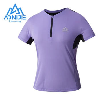 AONIJIE FW5159 Дамски Спортни Бързосъхнеща тениска в малка клетка за бягане с кръгло деколте и къси ръкави с Цип, дишащи Върховете