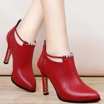 Botas Mujer / Нови зимни обувки; Дамски Червени обувки с Неглубоким кръгла пръсти; Ботильоны на тънък ток и цип От изкуствена кожа; Zapatos De Mujer