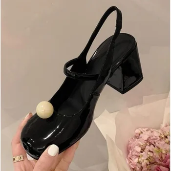 Женски обувки в масивна ток, Ново Пролетта 2023 г., Женски обувки Mary Jane с квадратни пръсти и Перли, Мода вечерни обувки на токчета, черни обувки-лодка