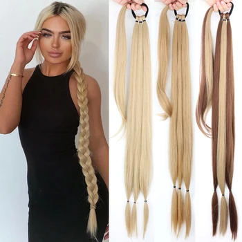 Синтетични плетена коса за удължаване във формата на конска опашка, Перука, изработени от естествени светли коса, Дълга опашка с ластик за коса, За жени, плитка със собствените си ръце