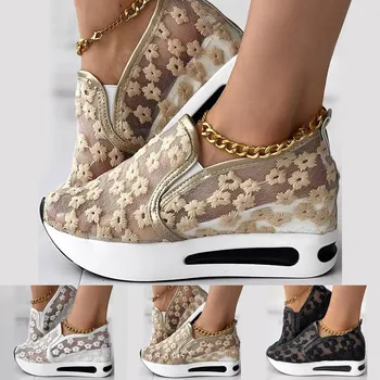 Ежедневни обувки за жени, 8 дами, модни дишаща лейси окото с цветна бродерия, удобни ежедневни обувки за дебела подметка