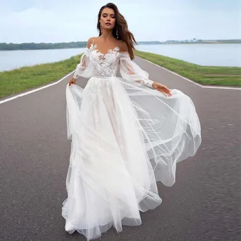 Плажна рокля сватба Трапецовидна форма, с дълъг ръкав и влак, Сватбената рокля на Принцеса по поръчка, Булчински рокли в стил Бохо, Големи размери 2023