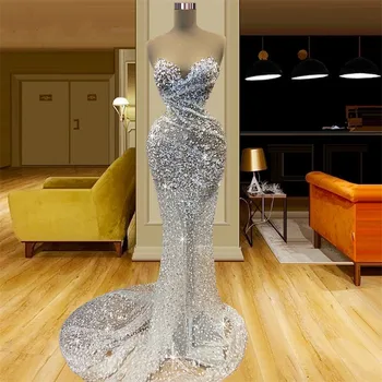 Луксозно Сребърен Вечерна рокля за Бала 2023, Красиви Кристални Мъниста, Дамски официални рокли за Рожден Ден, Robe De Soiree