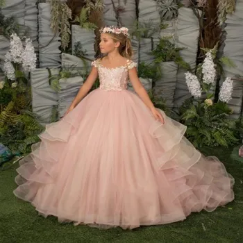 Розови дантелени рокли с цветя модел за момичета на сватба, апликация 