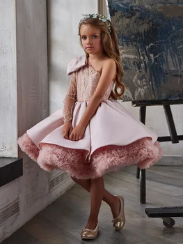Пищни Розова Бална рокля на Принцеса За момичета, Костюми за Първо Причастие, абитуриентски бал, Рокли С цветя модел с едно рамо и на много нива лък