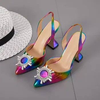 Цветни летни сандали на висок ток, кристали, остър чорап, дамски модни вечерни модела обувки в някой друг ток, Марка дизайнерски обувки