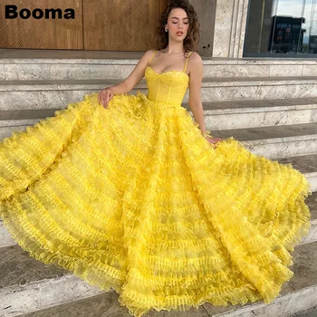 Booma Жълти рокли за абитуриентски бал с рюшами във формата на сърце, на много нива тюлевые дълги вечерни рокли за абитуриентски бал, рокли за срещи на възпитаници, vestido