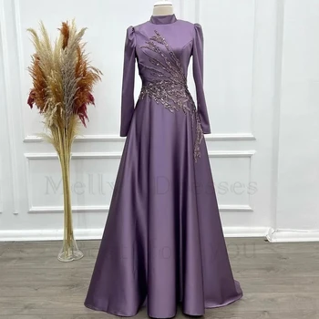 Елегантни лилаво вечерни рокли с високо воротом за жени Реална снимка 2023, бродирани с пайети рокля за абитуриентски бал с дълги ръкави, Нови сатенени рокли трапецовидна форма