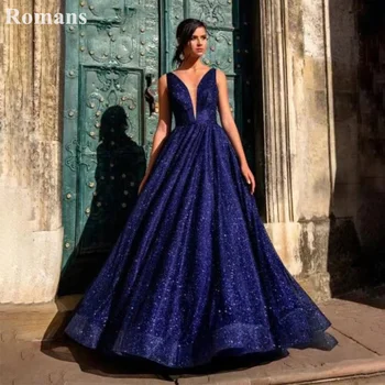 Секси вечерна рокля в римски стил Тъмно син цвят с дълбоко V-образно деколте, Блестящ Рокля Трапецовидна форма, за специални случаи, с отворен гръб
