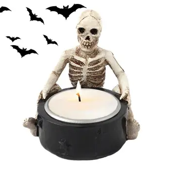 Здрав свещник с череп от смола, Страховито ретро свещник с виртуален скелет, Чаена чаша за декорация на домашно парти