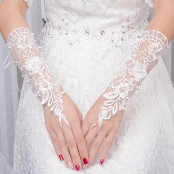 Красиви Сватбени ръкавици за Младоженци Дължина до лакътя, Бели къси Ръкавици, Дантелени бижута с перли, с ръкавици за етикет