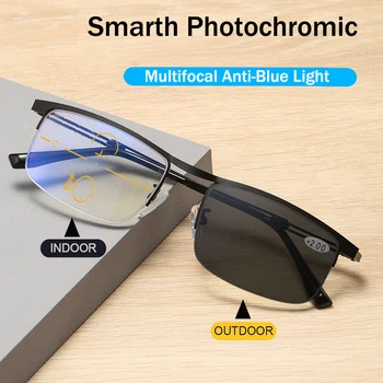 Преходни прогресивно фотохромичните очила за четене близкия и далечния действия с двойна употреба със защита от синя светлина, улични очила за четене в полукадре + 2