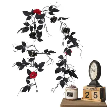 Гирлянда от Черни Листа На Хелоуин Черна Изкуствена Венец С Червена Роза 5,6 фута Изкуствена Гирлянда от листа със Собствените си Ръце Фалшива Декоративна Венец
