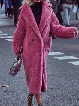 Зимно дебело яке; Женски плюшевое палто от изкуствена кожа овча вълна и отвътре; Дамски Модни Однотонная Свободна Горна дреха с дълги ръкави и ревери