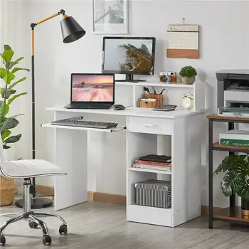 Дървена компютърна маса Smile Mart за домашен офис с чекмеджета и поставка за клавиатура, бял