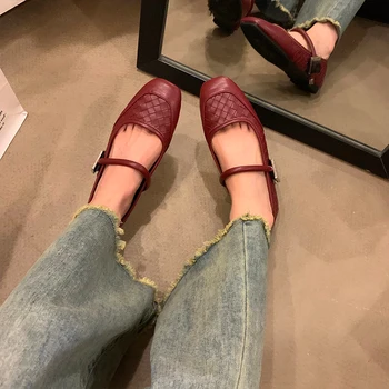Работна дамски обувки на нисък ток с квадратни пръсти, Новост есента 2023, Дамски обувки с отворен гръб и се деформира, Като сандали Mary Jane
