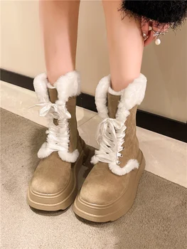 Зимните ботуши на равна подметка За жените, Обувки-Дамски обувки дантела, Зимни обувки с кръгло бомбе в стил 