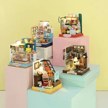 DIY Wooden Мини-Сладък Куклена Къща Миниатюрен Строителен комплект С Обзаведен Магазин за Кафе Десерти Куклена Къща Играчка За Подарък