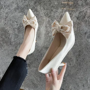 Дамски обувки 2023, Брандираната базова Дамски обувки на висок ток, със затворени пръсти, Градинска обувки на висок ток с остър пръсти, Дамски обувки с бриллиантовым възел-пеперуда