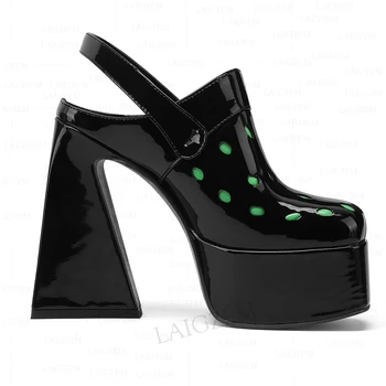 LAIGZEM/Дамски сандали от блестяща платформа, Удобни обувки-лодка на високо масивна ток Ръчно изработени Дамски обувки-Големи Размери 36, 41, 43