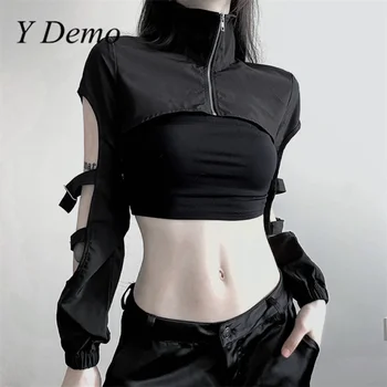 Y Demo Хип-хоп Поло с висока яка, дълъг ръкав, открит женски бретельки, яке върху метална пуговице и цип