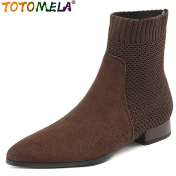 TOTOMELA /Новост 2023 г.; Дамски зимни обувки без шнур в ретро стил от волска кожа, велур; Ботильоны нисък квадратен ток