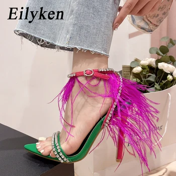 Eilyken, Модни Летни дамски сандали с кристали и пера, Пикантни женски обувки на тънък ток, с остър отворени пръсти и каишка с катарама
