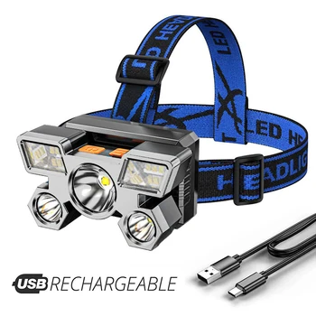 Пятиголовый led USB акумулаторна налобный фенер, супер ярък преносим главоболие, фенерче, работно светлина, налобный фенер за риболов и къмпинг