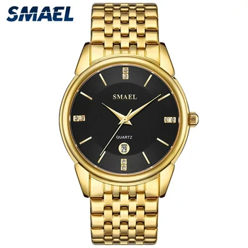 Мъжки часовник SMAEL, Кварцов часовник със злато каишка от неръждаема стомана, черен циферблат, показване на дата, Водоустойчив модерен ръчен часовник 9026