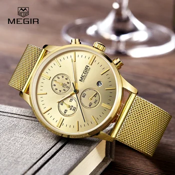 MEGIR модерен мъжки бизнес кварцови часовници, ежедневни ръчни часовници с мрежесто каишка от неръждаема стомана, мъжки светещи часовници за мъже 2011 Г.